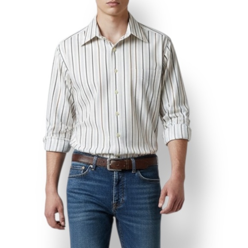 4/$20 Manhattan Power Loom Striped Button Down Shirt 16.5” 34 White Brown Gold